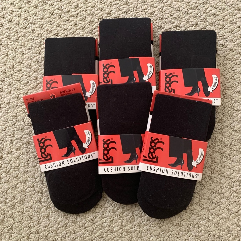 🆕 Leggs Black Trouser Crew Socks with Cushion Solutions Sole Footbed - 6 Pack